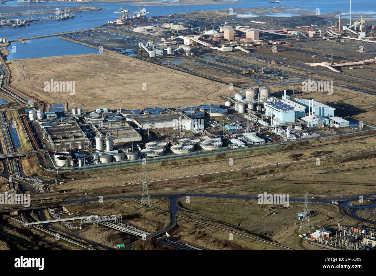 aerial view of Northumbrian Water treatment plant at Middlesbrough Stock Photo