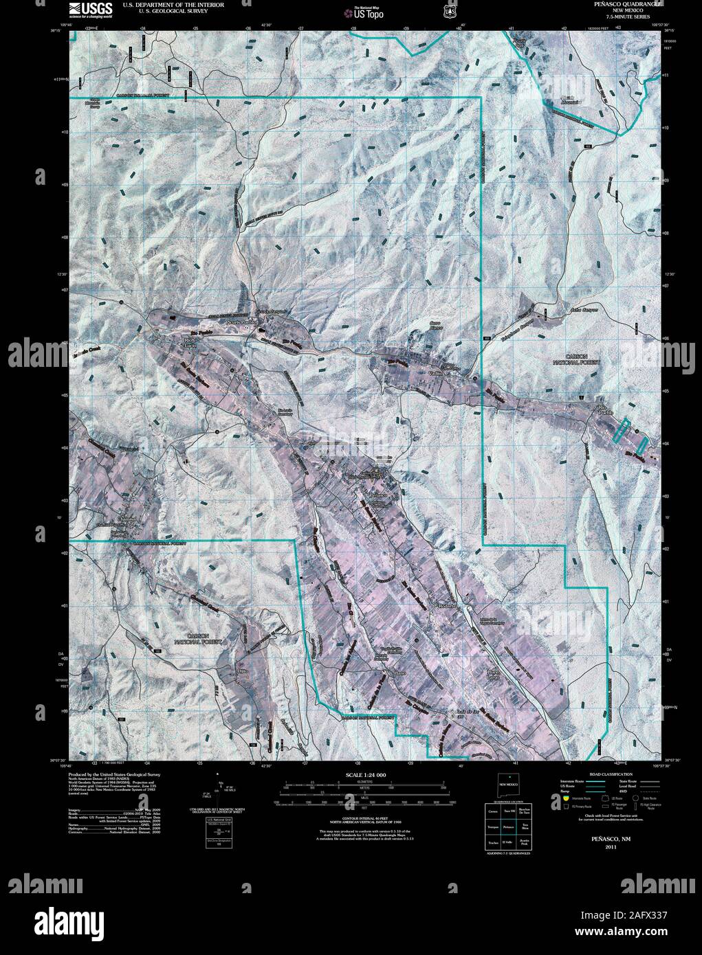 USGS TOPO Map New Mexico NM Penasco 20110303 TM Inverted Restoration Stock Photo