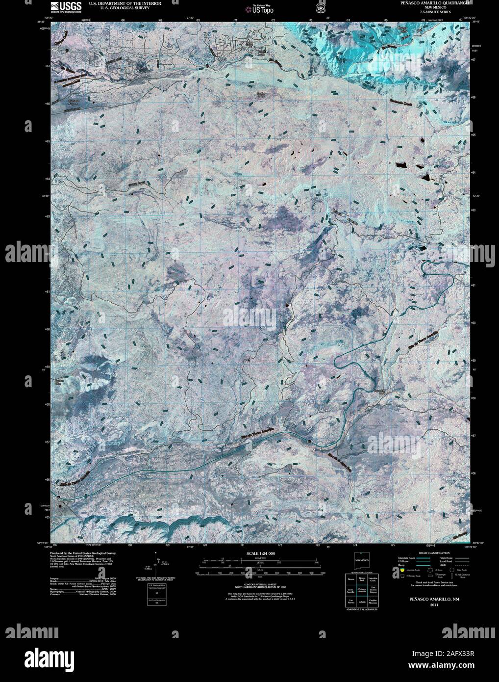 USGS TOPO Map New Mexico NM Penasco Amarillo 20110201 TM Inverted Restoration Stock Photo