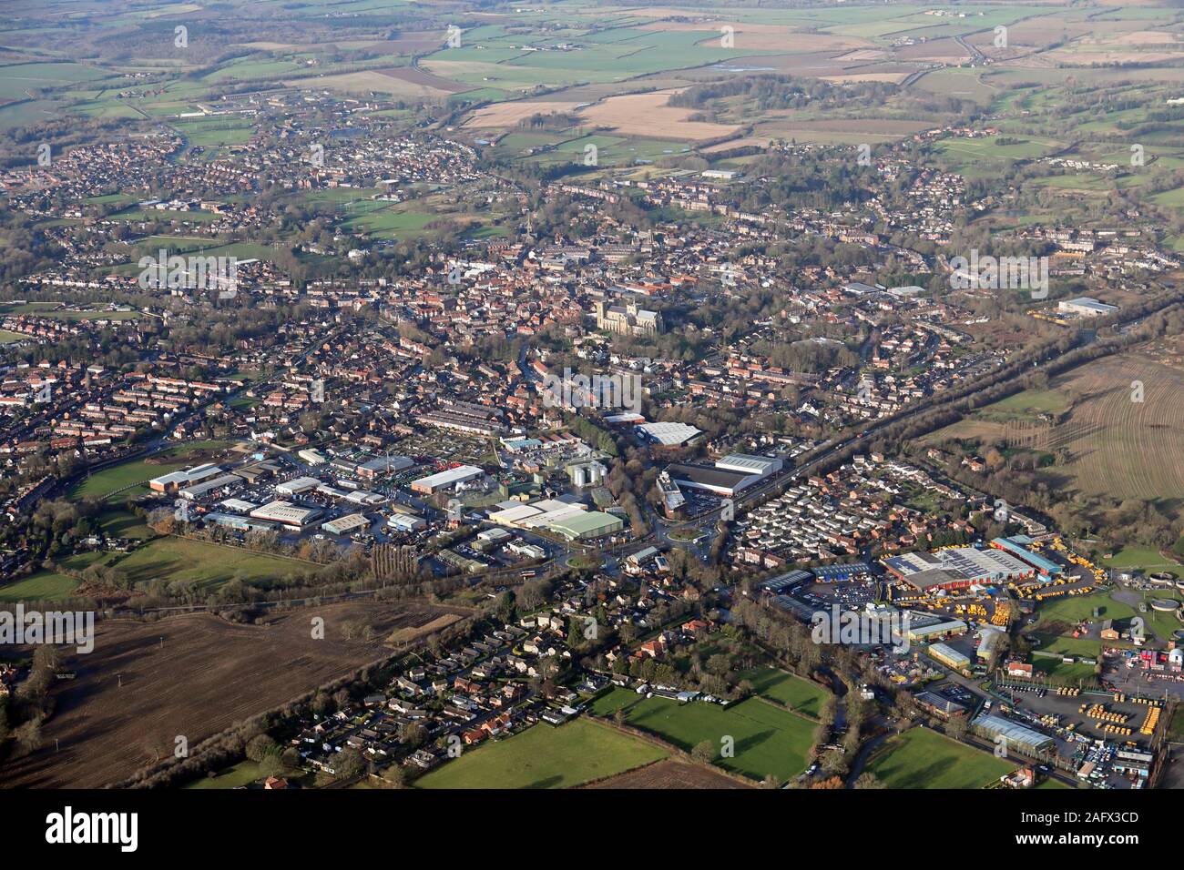 aerial view of Ripon from the south looking across the A61 by-pass road towards the Cathedral Stock Photo