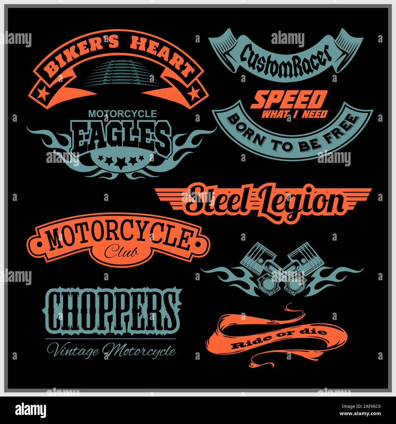 Motorcycle vector set with vintage custom logos, badges, design templates. Stock Vector