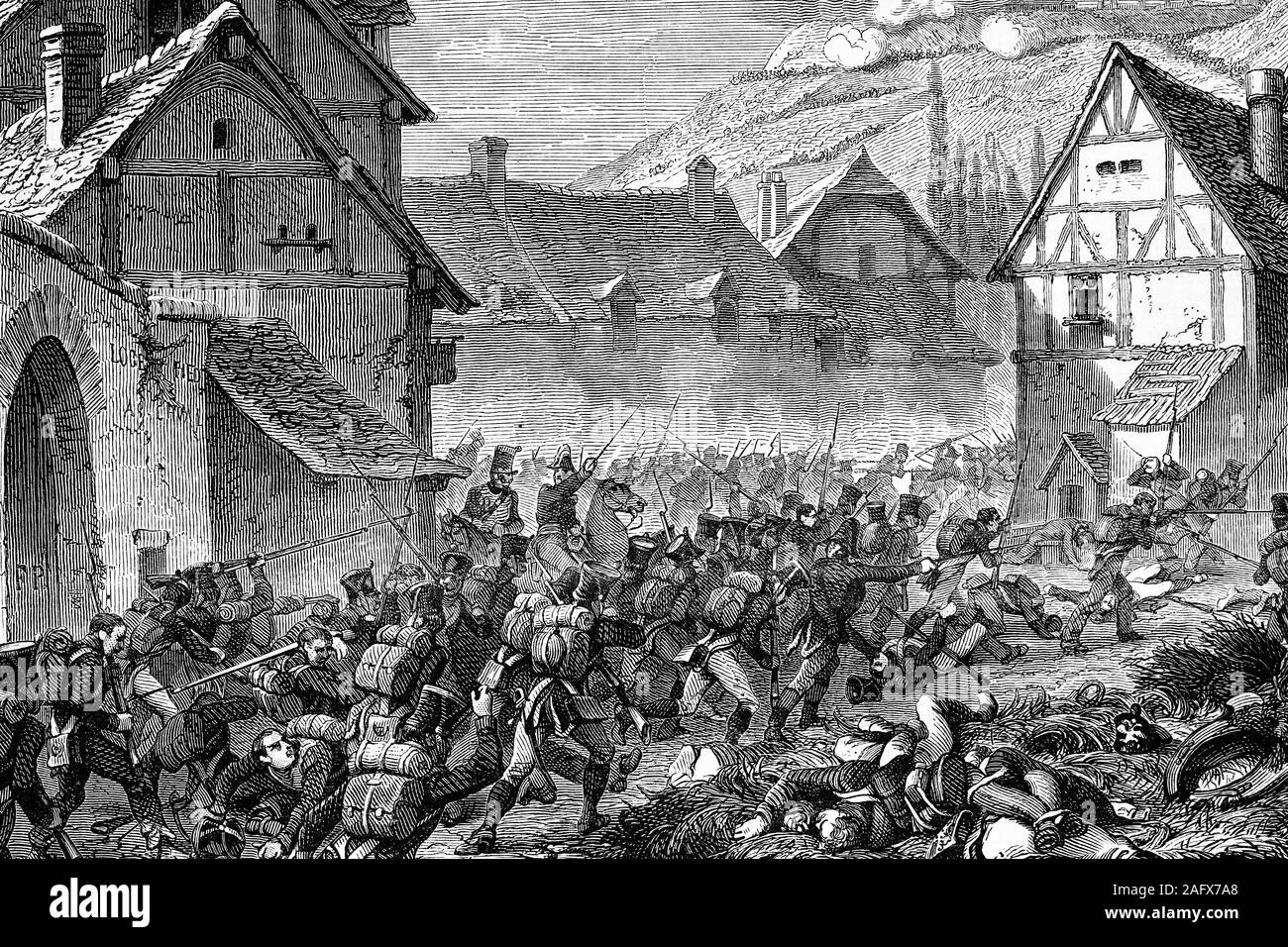 Battle of Laon. 9th-10th March 1814. Marshal Ney takes over Semilly. Antique illustration. 1890. Stock Photo