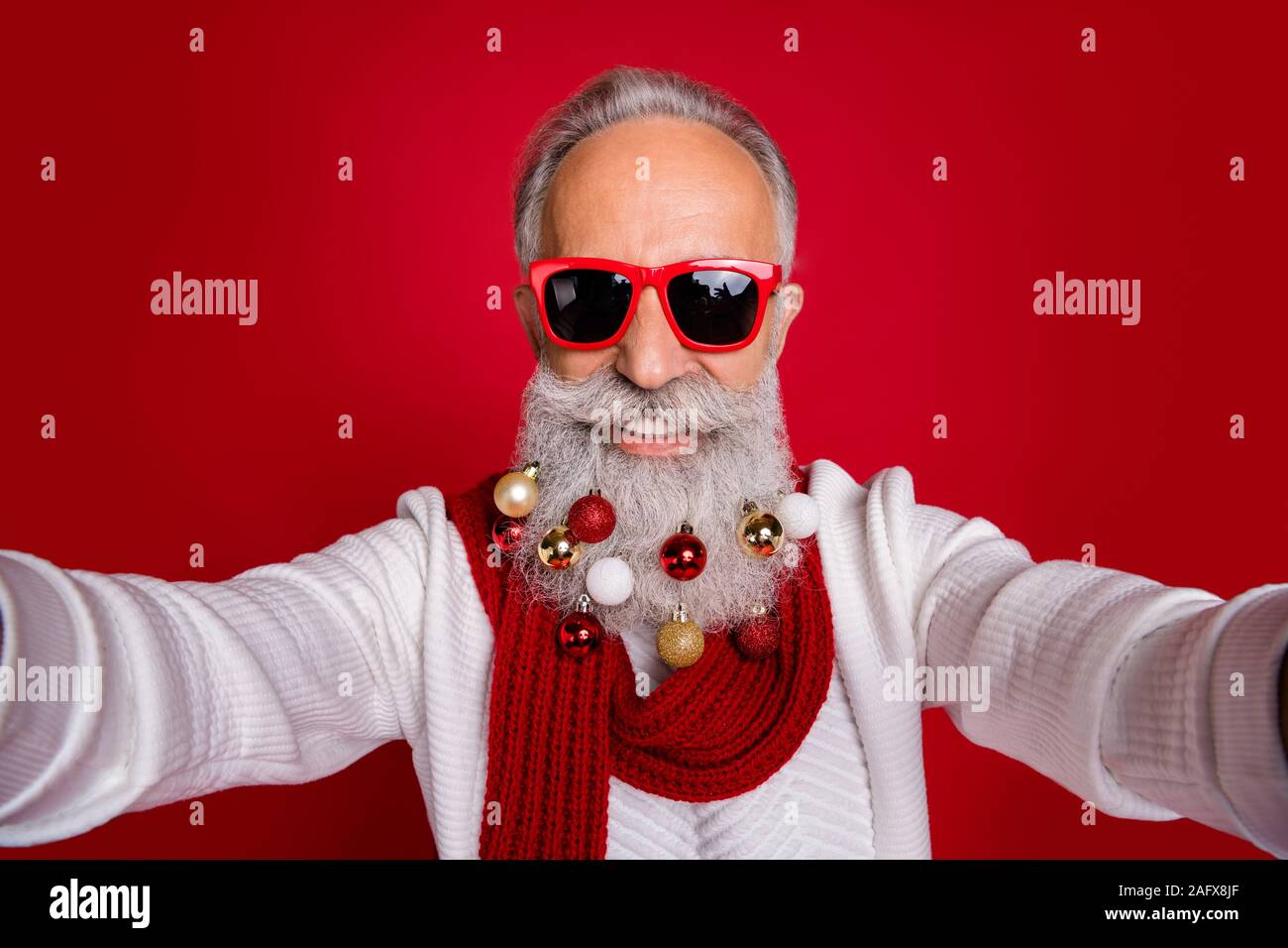 Close Up Photo Of Cheerful Hipster In Eyeglasses Eyewear Make Photo Have Collection Of Decorative Balls Wear White Jumper Isolated Over Red Background Stock Photo Alamy