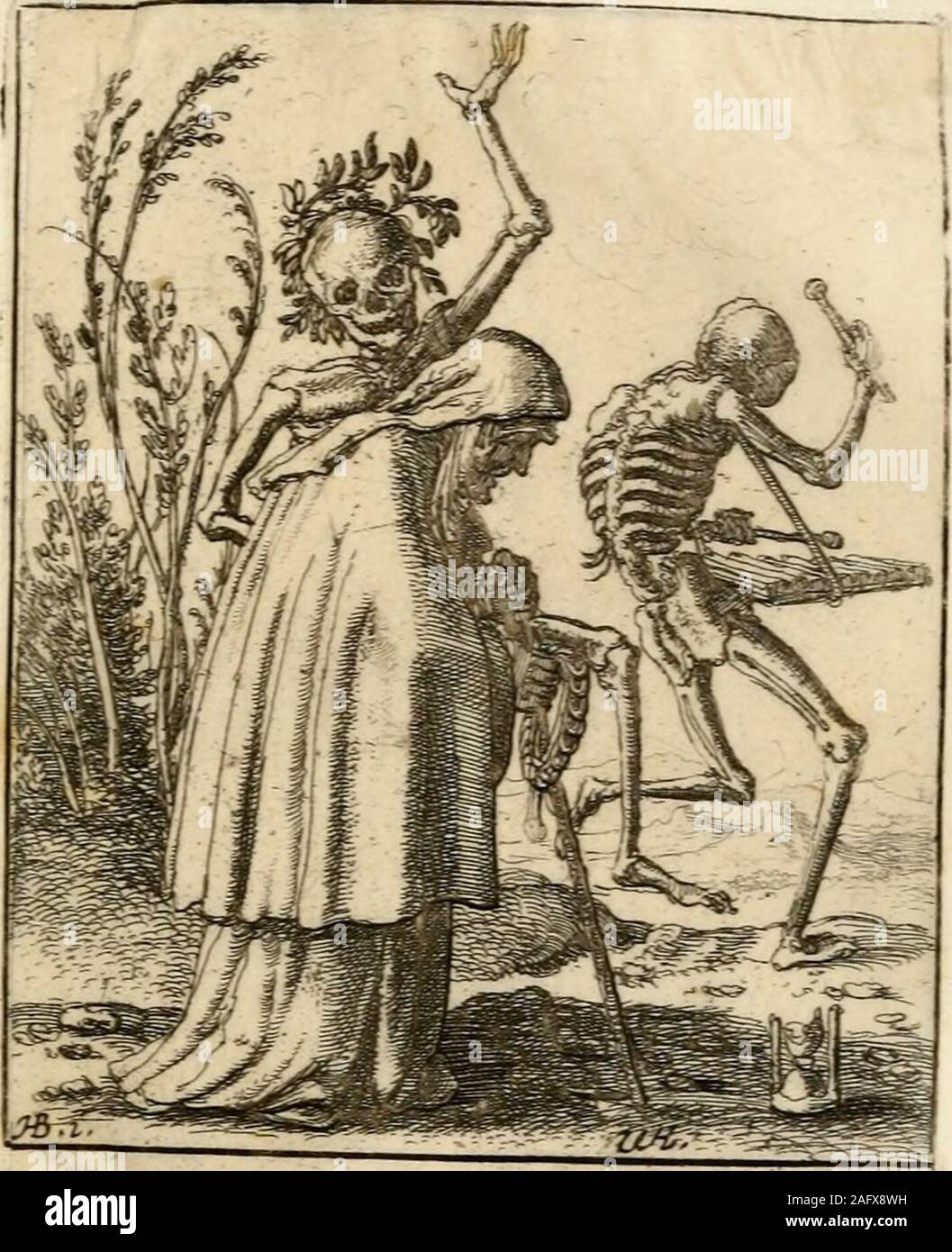 . The dance of death. 69 THE VERY OLD MAN. XXVIII. THIS is a beautiful emblem of manssecond infancy. The helpless creature, boweddown with age, appears to listen with delightto the music of a dulcimer, with which Deathbeguiles him, and eyen wishes to handle it.His conductor insidiously leads him to thegrave.  70 THE AGED WOMAN. XXIX. THE tedious pace of this old woman,who is more occupied with ji rosary composedof bones than with the music of a Deathwho precedes her, playing on the woodenpsalter or dulcimer, is discovered in the im-patience of another Death, who presses herforward with blows. Stock Photo