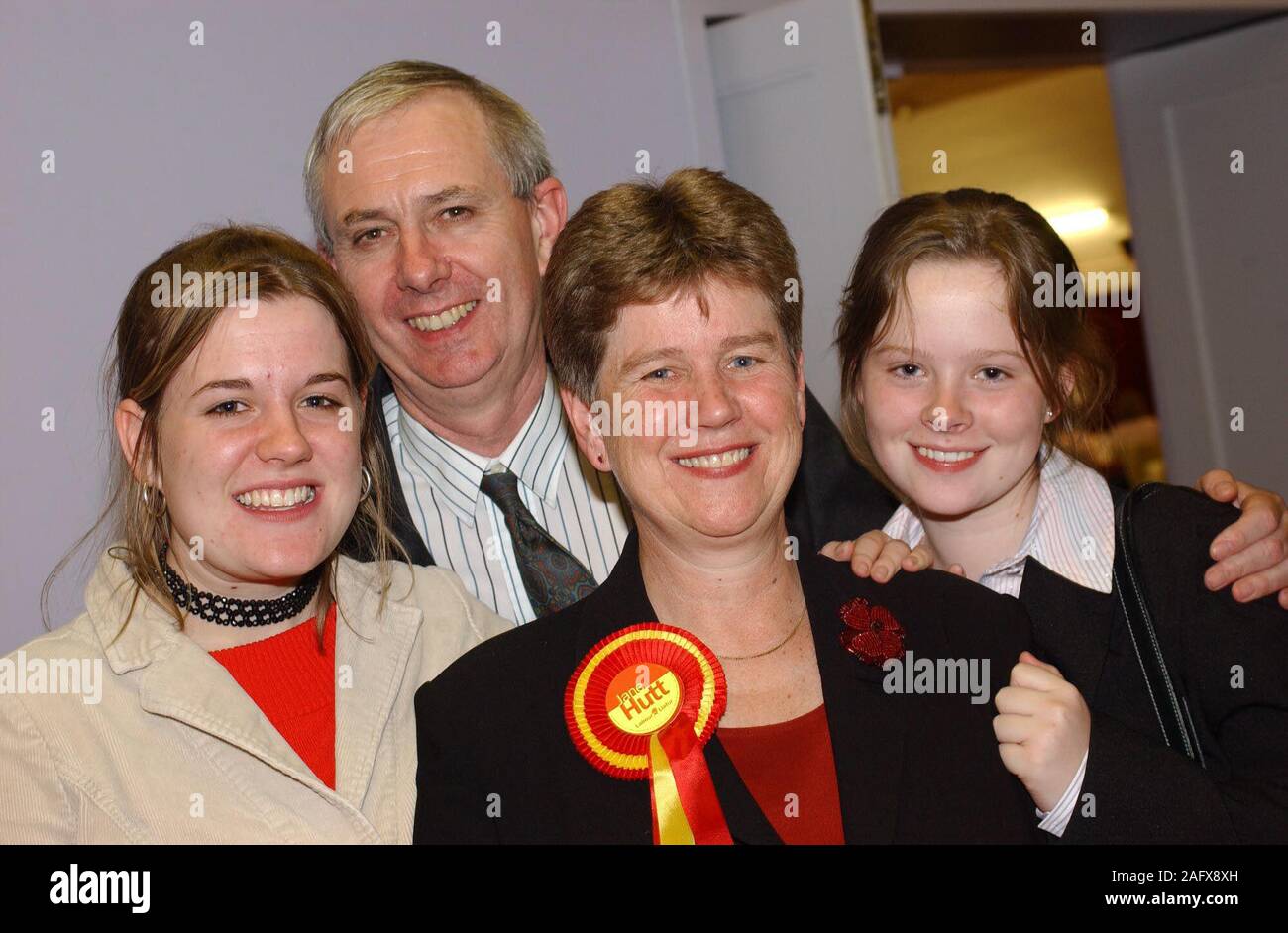 Welsh Assembly elections, May 2003, Vale of Glamorgan count at The Memorial Hall, Barry. 1/5/03. Jane Hutt with her husband Michael and daughters Rachel and Jessica after her win at the Vale of Glamorgan count in Barry. Stock Photo