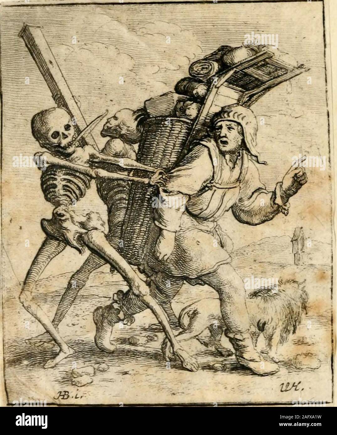 . The dance of death. Venitcaduie oniiie^ c|ui Ltborat 65 THE PEDLAR. XXIV. ACCOMPANIED by his faithful dog,and heavily laden with goods, the poor manis arrested in his progress by the hands ofDeath, who undertakes to ease him of hisburthen. It is in vain that he points to theplace of his destination ; he is forcibly com-pelled to change his route. Another Deathleads off this dance with a jig upon the trump-marine. 66 THE MISER. XXV. DEATH has penetrated into the stronghold of the miser, and seated on a stool, deli-berately collects into a large dish the moneywhich he had been counting, whilst Stock Photo