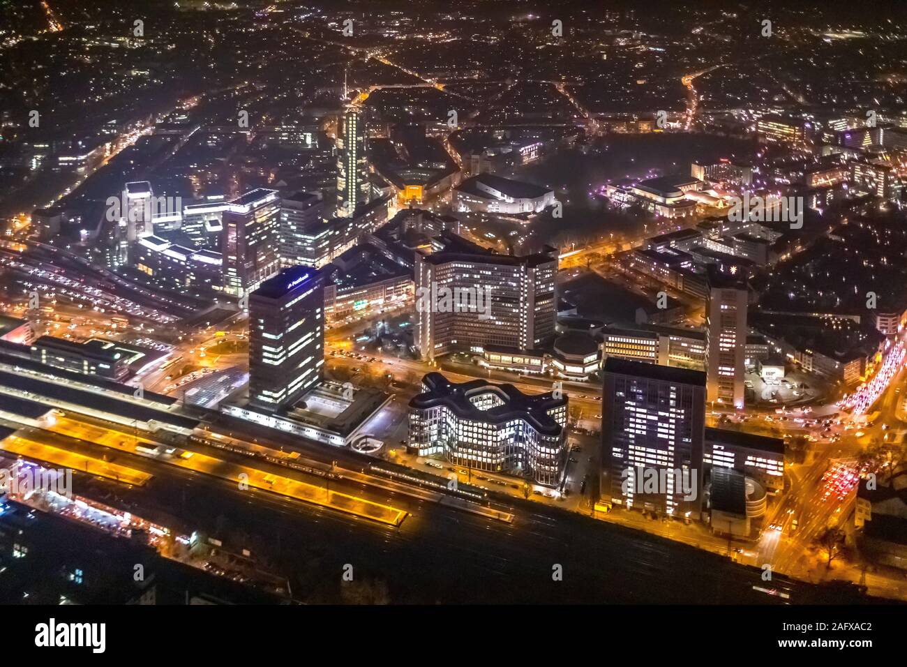 aerial photo, skyline Essen by night, RWE tower, head office Evonik Industries AG, Degussa Bank, south quarter, Essen, Ruhr area, North Rhine-Westphal Stock Photo