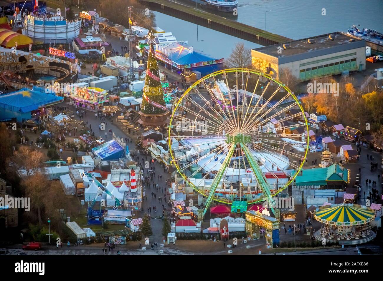 Aerial view of the Cranger Christmas magic, Herne Christmas market, mobile Christmas tree, Ferris wheel, Crange, Herne, Ruhr area, North Rhine-Westpha Stock Photo