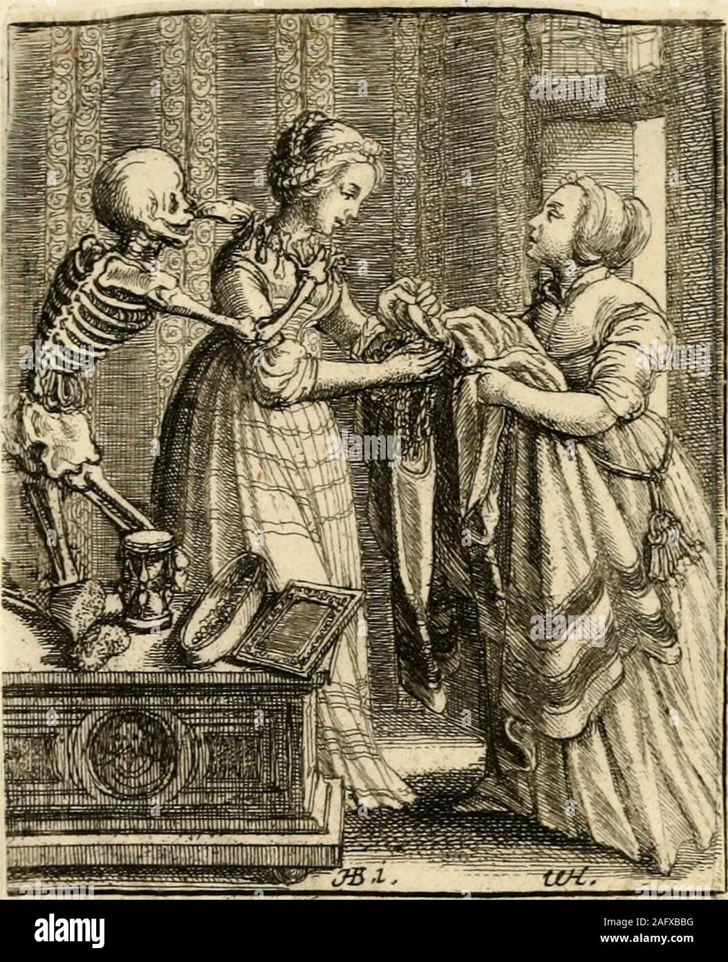 . The dance of death. Me cV tc fola^m-or^ fepsuraLit .^. X)v^Ci^eatinhottis ekes- Cuos Sc ixl 63 THE YOUNG MAIDEN. XXII. THE lady is exhibited in her dressing-room with her maid, who is bringing her asplendid robe, with a chain necklace of gold.Upon a chest are seen a looking-glass, asponge, a brush, and a box of paint. Deathbehind, ornaments the girl with a necklaceof bones. 64 THE MERCHANT. xxm. AFTER having escaped the perils of thesea and happily reached the wished-for shore,with his bales of merchandize, this too secureadventurer, whilst contemplating his riches,is surprized by his unwelc Stock Photo