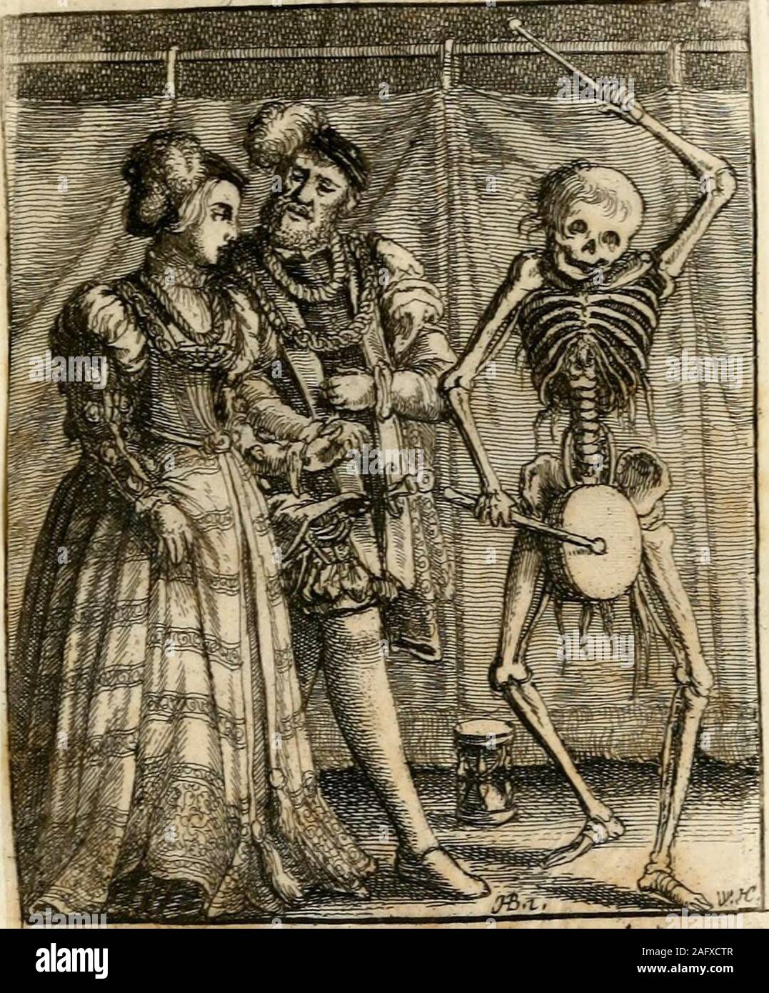 . The dance of death. no 7r^-rt£. 61 THE ADVOCATE. XX. THE rich client is seen putting a bribeinto the hands of the dishonest lawyer, towhich Death also contributes, but remindshim at the same time that his glass is runout. To this admonition he seems to paylittle regard, being altogether occupied incounting the money. Behind this groupestands the poor suitor, wringing his hands,and lamenting that his poverty disables himfrom coping with his powerful adversary. 62 THE NEW MARRIED COUPLE. XXI. THE happy couple, whom the churchhas just united, are admonished by the beatof Deaths drum, that they Stock Photo
