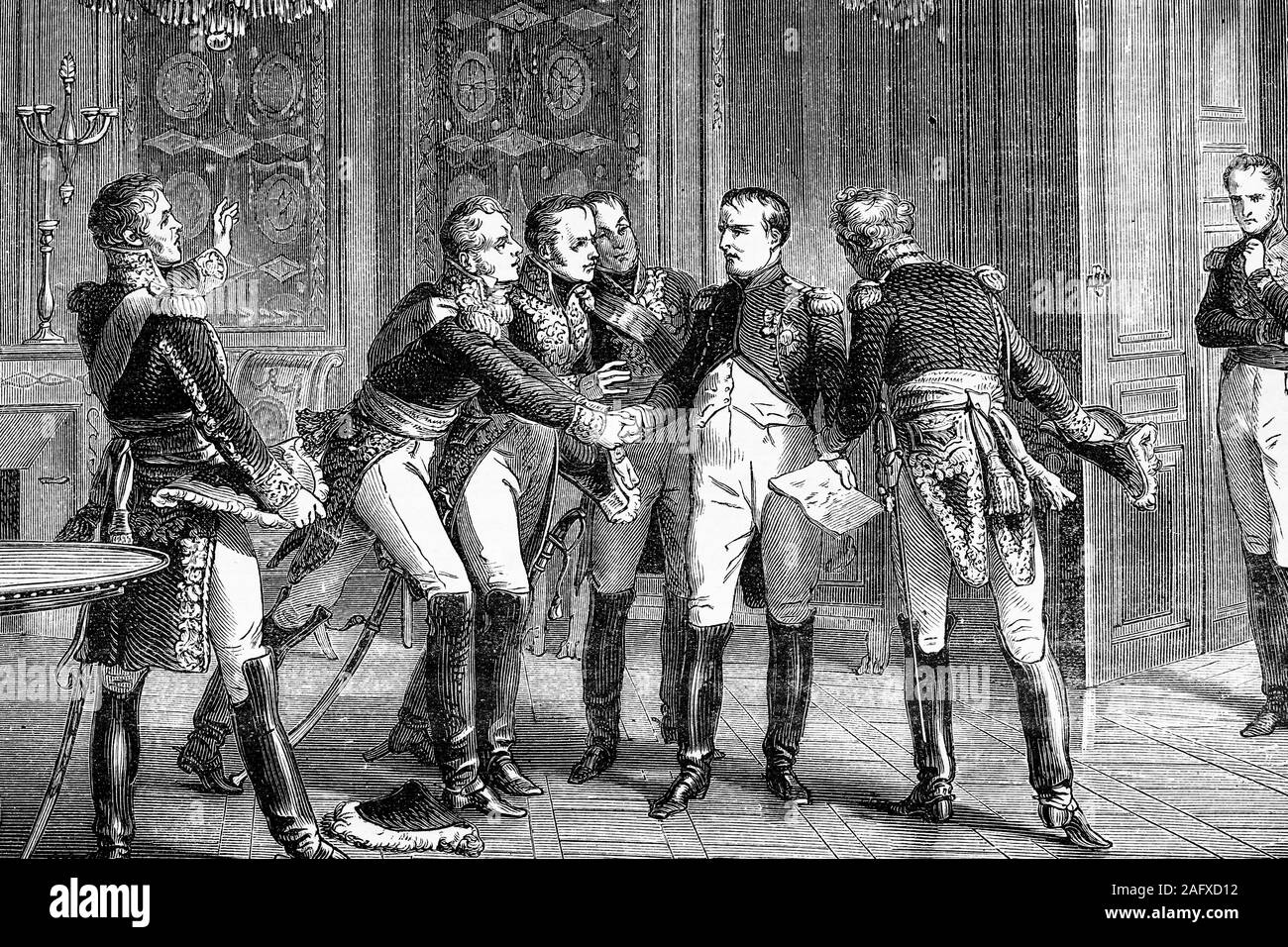 Napoleon announces to the marshals his abdication. 1814. Antique illustration. 1890. Stock Photo