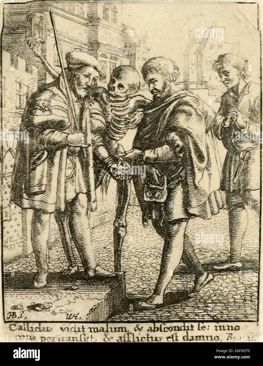 . The dance of death. no 7r^-rt£. 61 THE ADVOCATE. XX. THE rich client is seen putting a bribeinto the hands of the dishonest lawyer, towhich Death also contributes, but remindshim at the same time that his glass is runout. To this admonition he seems to paylittle regard, being altogether occupied incounting the money. Behind this groupestands the poor suitor, wringing his hands,and lamenting that his poverty disables himfrom coping with his powerful adversary. 62 THE NEW MARRIED COUPLE. XXI. THE happy couple, whom the churchhas just united, are admonished by the beatof Deaths drum, that they Stock Photo