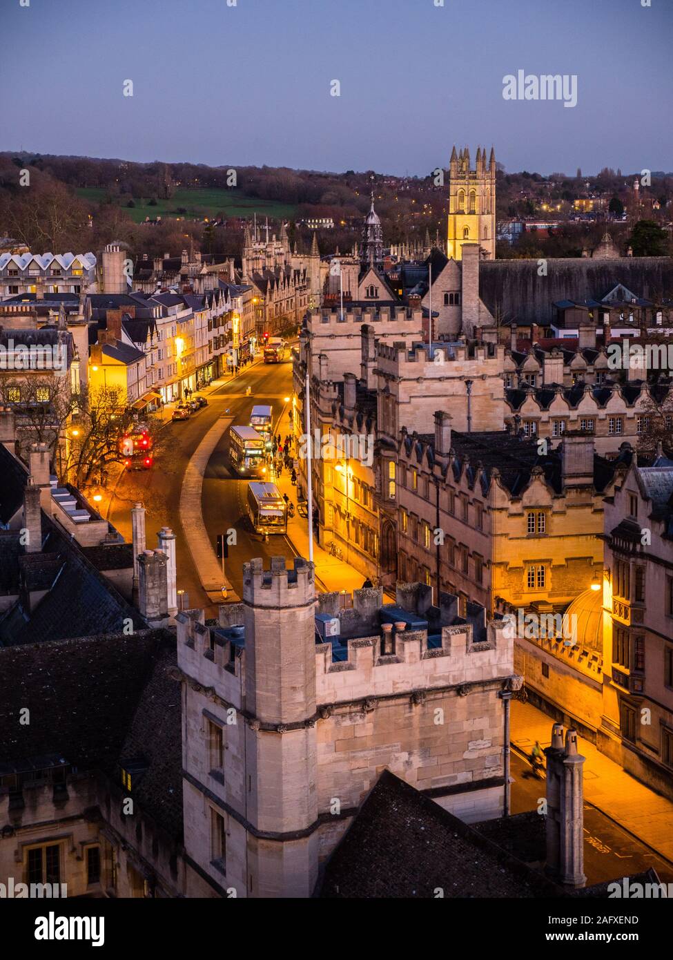 Magdalen Tower, Magdalen College, and The High Street, Night Time Landscape, Oxford University, Oxford, Oxfordshire, England, UK, GB. Stock Photo