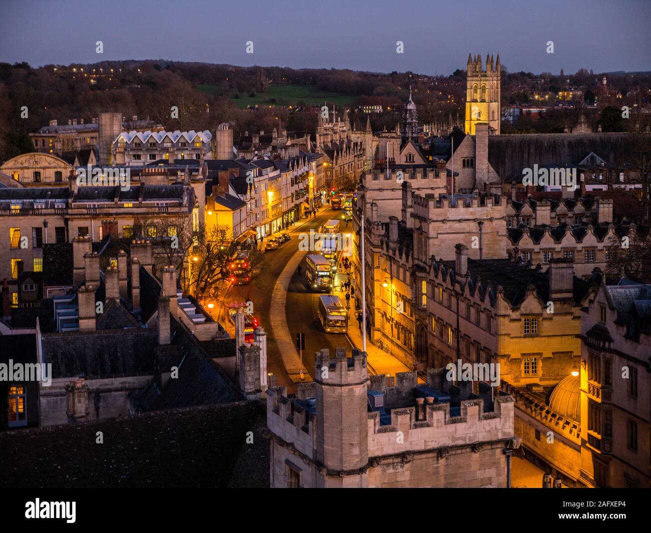Magdalen Tower, Magdalen College, and The High Street, Night Time Landscape, Oxford University, Oxford, Oxfordshire, England, UK, GB. Stock Photo