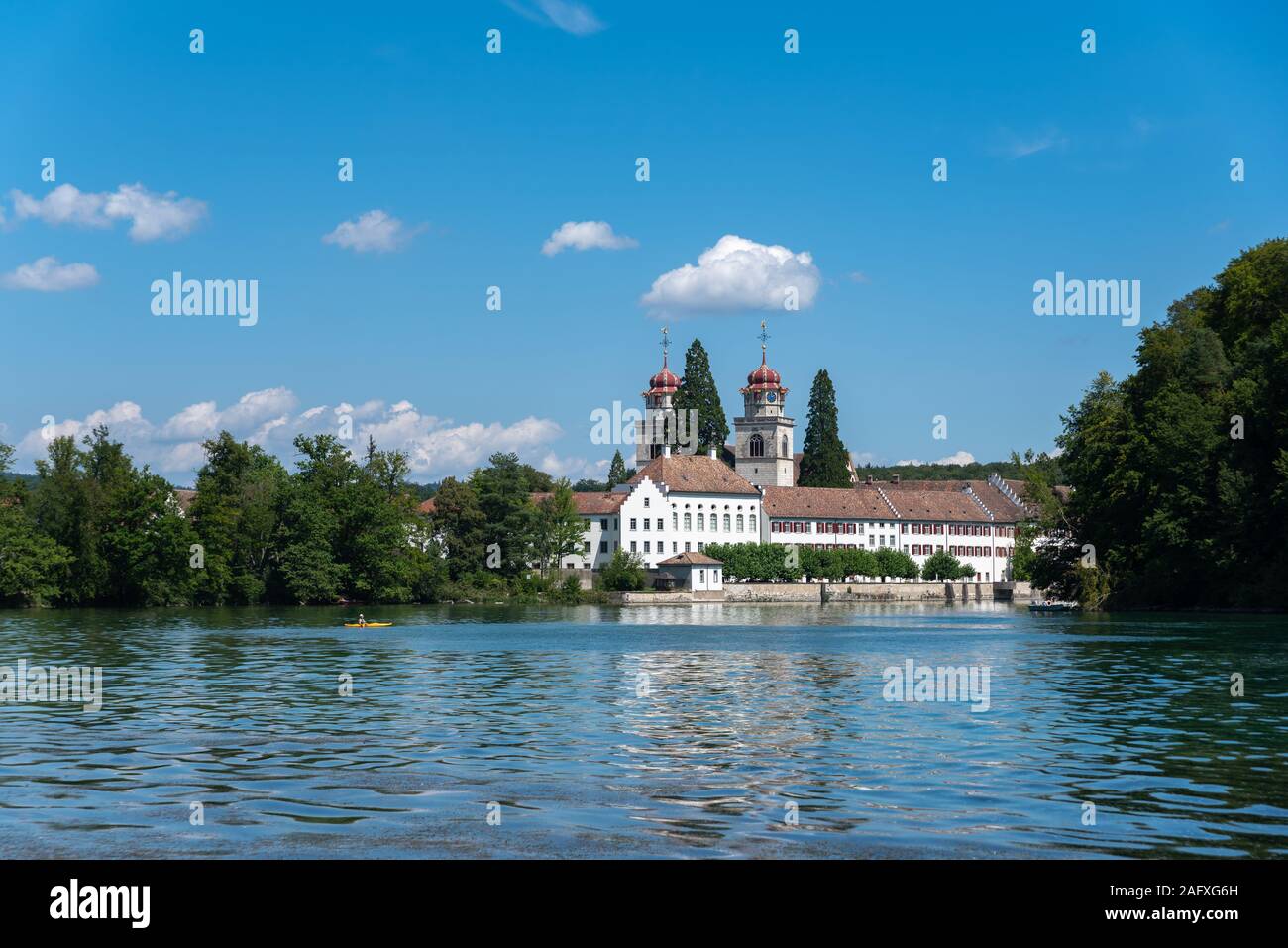 Rhine with monastery Rheinau, Rheinau, Canton Zürich, Switzerland, Europe Stock Photo
