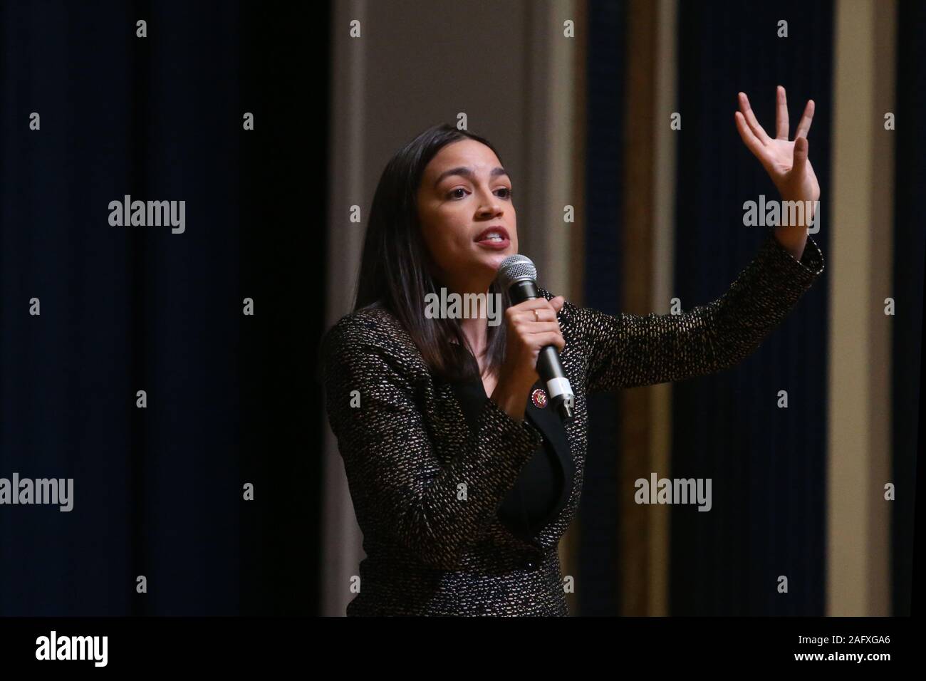 December 17, 2019, New York, NY, USA: Dec 14, 2019 : Alexandria Ocasio-Cortez held a town hall at P.S. 150 which is at 40-01 43rd Ave, in  Sunnyside, Queens. ...NY DAILIES OUT! (Credit Image: © Dan Herrick/ZUMA Wire) Stock Photo