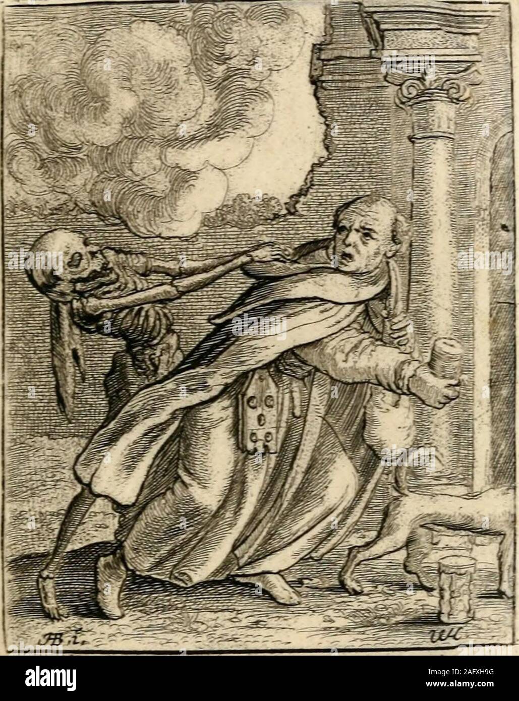 . The dance of death. 55 THE ABBESS. XIV. DEATH, fantastically dressed in a sort ofmantle, with feathers on his head, exulting-y seizes the Abbess by the wimple, andleads her away from the convent; whilst a,nun in the back ground is piteously bewail-ing the fate of her mistress. 56 THE FRIAR. XV THIS poor mendicant is endeavouringto escape with his wallet and money-box fromthe clutches of Death, who has seized himby the cowl, and drags him away with greatviolence.. ^Uyftis Yit ctos in mendiciialc -T Stock Photo