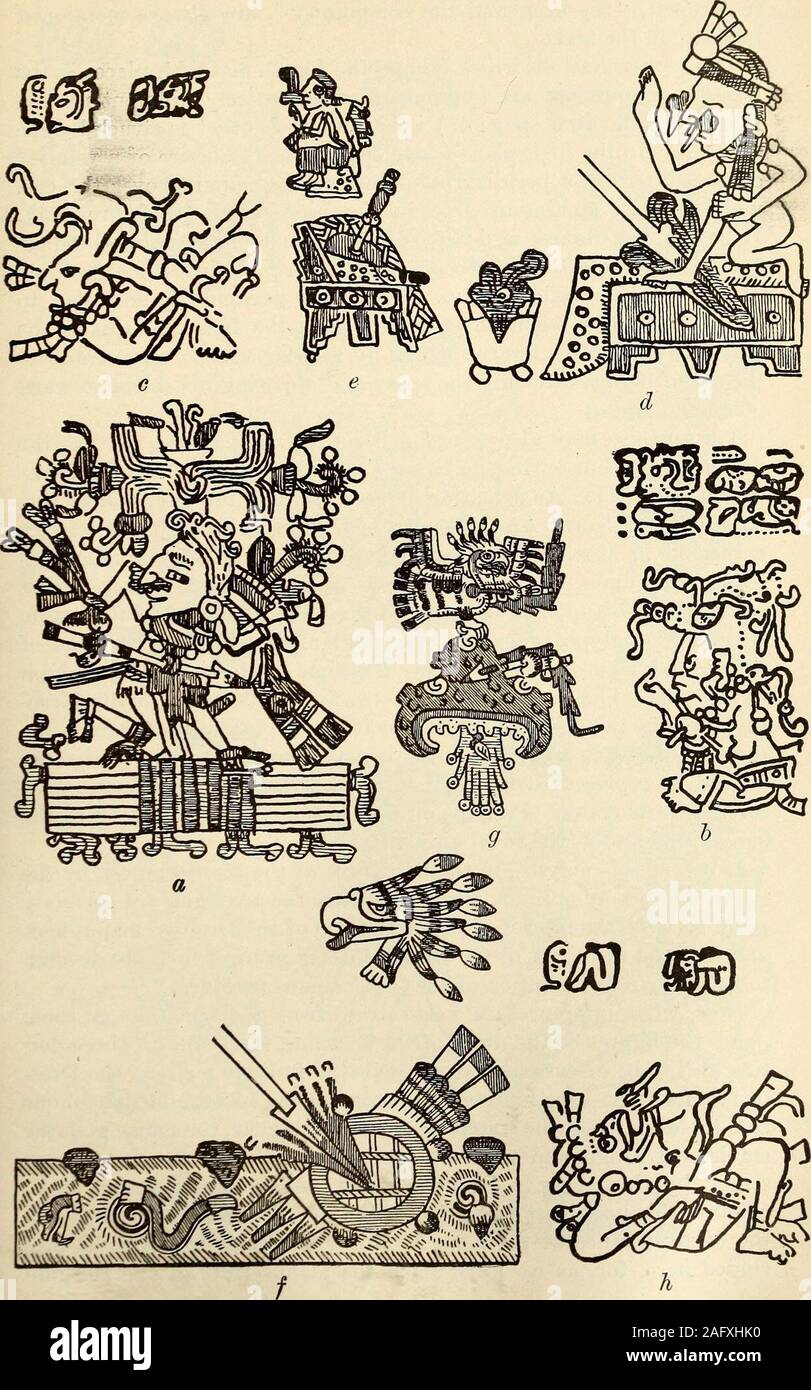 . Mexican and Central American antiquities, calendar systems, and history;. shows us / struck by thespear, a shield and a bundle of spears, and above them an eagleshead, familiar symbols of war and of warriors. The shield andbundle of spears are in a field which is painted yellow, streaked, andbeset with a verticillate design. This picture might signify fire or aburnt field or might even be regarded as an elliptical representationof the atl-tlachinolli, water and fire; that is, of Avar. In CodexVaticanus we have corresponding to those symbols g, in which we seewater and a mountain with an eagl Stock Photo