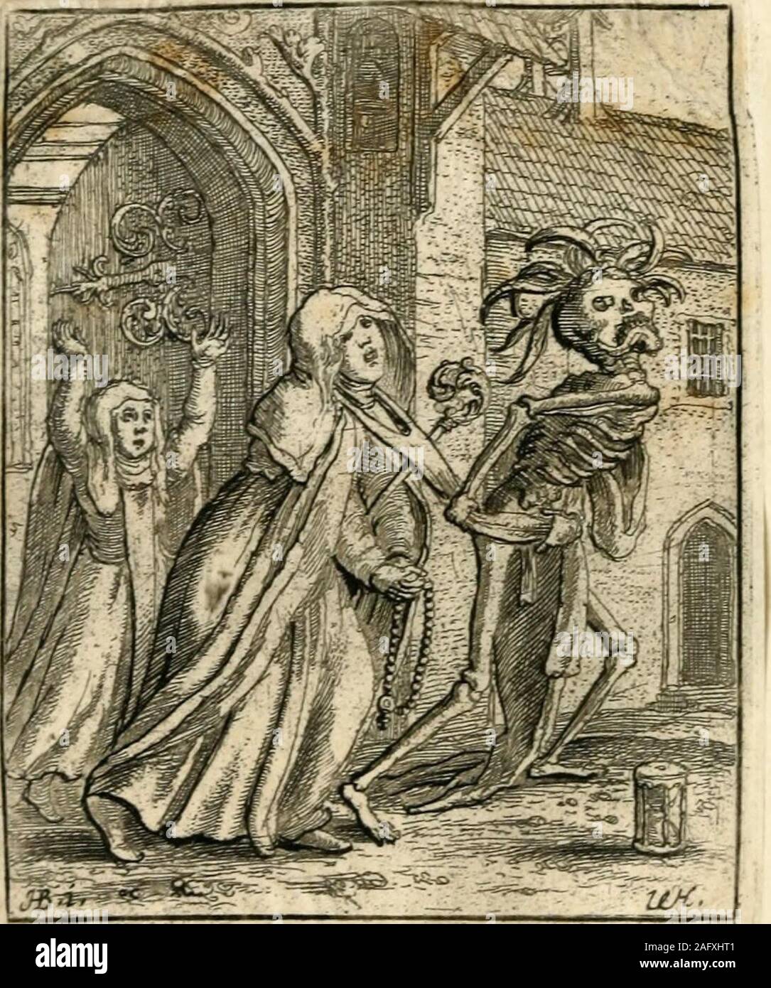 . The dance of death. iempi^fcitf ^ m -rrctcifcitud.iaTje rtu:Lri tur Uta*. ?s^rt*,- «»;. 55 THE ABBESS. XIV. DEATH, fantastically dressed in a sort ofmantle, with feathers on his head, exulting-y seizes the Abbess by the wimple, andleads her away from the convent; whilst a,nun in the back ground is piteously bewail-ing the fate of her mistress. 56 THE FRIAR. XV THIS poor mendicant is endeavouringto escape with his wallet and money-box fromthe clutches of Death, who has seized himby the cowl, and drags him away with greatviolence. Stock Photo