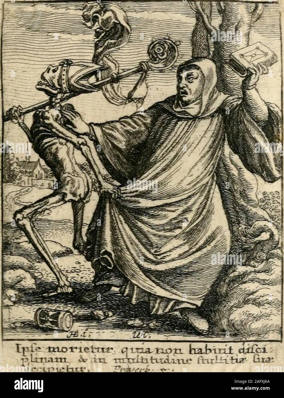 . The dance of death. ivmtn. omaiia- njeqite ctxiixeo ctcicenc?Ei 53 THE NOBLEMAN. XII. DEATH, in the character of a raggedand oppressed peasant, has despoiled thenoblemen of his paraphernalia, and is dash-ing his shield or coat of arms to pieces. Onthe ground lie scattered a helmet, crest, andflail. E3 54 THE ABBOT. XIII. DEATH, in a very ludicrous attitude,^vith the Abbots mitre on his head, and hiscrosier on his shoulder, has seized him by thecloak, whilst the other endeavours to disen-gage himself, and appears to be throwing hisbreviary at his assailant. If Hollar copiedthe original wooden Stock Photo