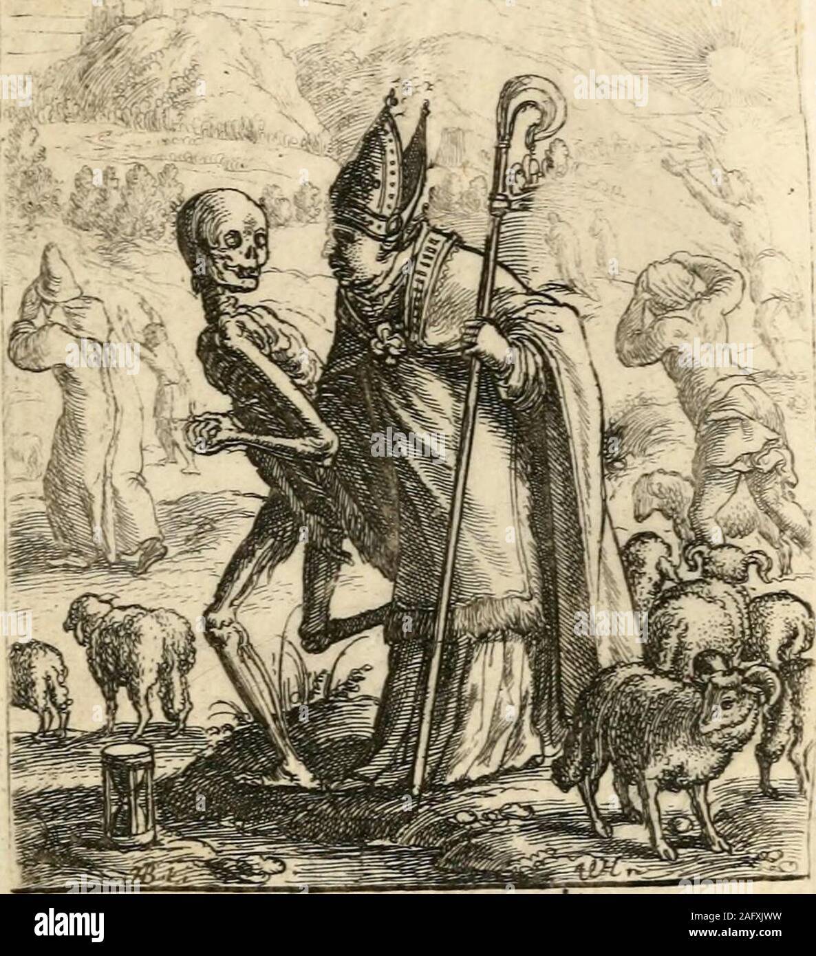 . The dance of death. Prinrepj indtDctur tna?roie, Lt qtuf icf* 9 I THE DUKE.X. HE is seen just coming out of his palace,accompanied with his retinue. A poor beg-gar with her child craving charity of him isrejected, whilst Death is supposed invisibly tolay his hands upon him. 52 THE BISHOP. XI. DEATH leading off the principal shep-herd, the rest terrified betake themselves toflight, and the flocks are dispersed. The set-ting sun is very judiciously introduced uponthis occasion.. ?erci]uiiamPailprem, & cUlpef Sjetx bit- ovtcy ,c?reoi* -^^^ ^^ -^^^ -^ Stock Photo