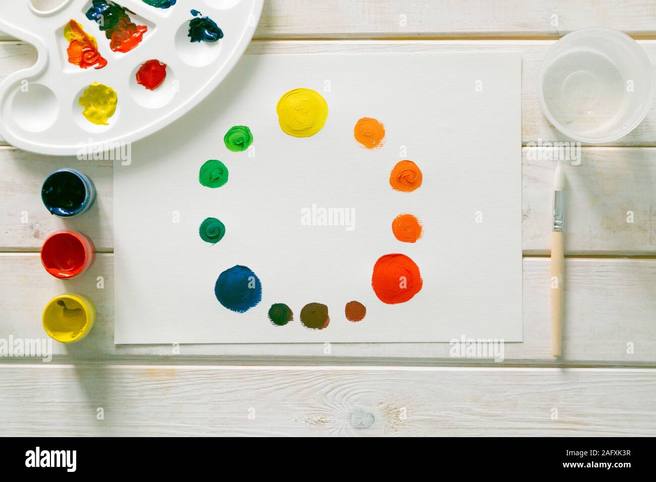 Art concept colour wheel, gouache paints, brush and palette Stock