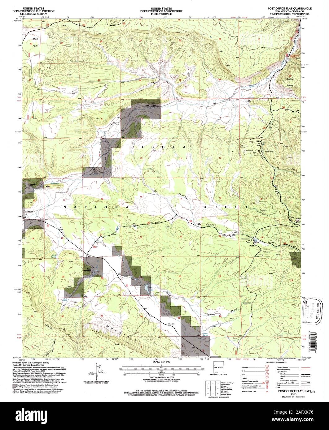 USGS TOPO Map New Mexico NM Post Office Flat 194204 1995 24000