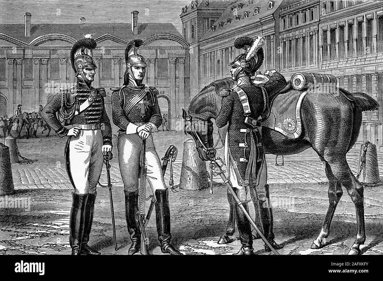 King's house: gendarme, musketeer and bodyguard. Napoleon's army. Antique illustration. 1890. Stock Photo