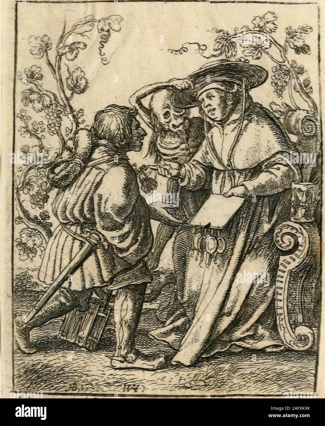 . The dance of death. Zs-M- T^, 49 THE QUEEN. VIII. She is walking out from her palace, accom-panied by two of her ladies and her jester.Death, having previously despoiled the motleypersonage of his habiliments, and grotesquelydecorated himself therewith, is forcibly drag-ging away the Queen. The fool attempts in-effectually to protect her, whilst the femaleattendants join in the lamentations of theirmistress. K so THE CARDINAL. IX. HE is disposing of his indulgencies to arich offender, who brings with him a chest ofmoney. Death snatches off the Cardinalshat.. Stock Photo