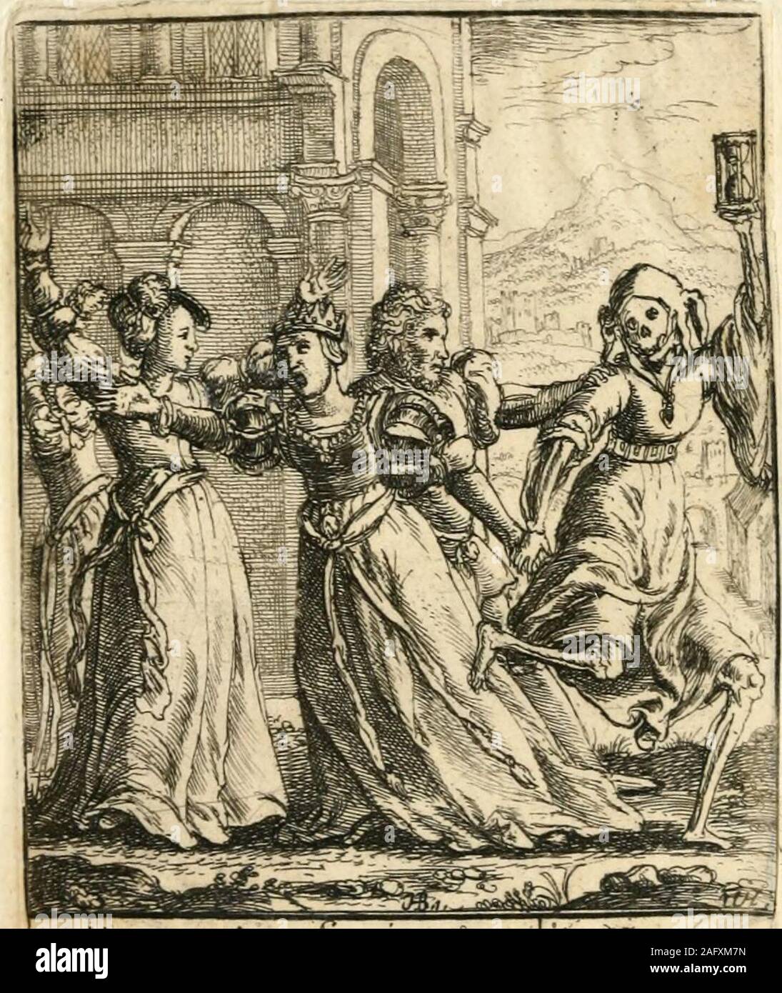 . The dance of death. Gra^Uenie* an iuperJ^ia:- poieA r&gt;r-. Zs-M- T^, 49 THE QUEEN. VIII. She is walking out from her palace, accom-panied by two of her ladies and her jester.Death, having previously despoiled the motleypersonage of his habiliments, and grotesquelydecorated himself therewith, is forcibly drag-ging away the Queen. The fool attempts in-effectually to protect her, whilst the femaleattendants join in the lamentations of theirmistress. K so THE CARDINAL. IX. HE is disposing of his indulgencies to arich offender, who brings with him a chest ofmoney. Death snatches off the Cardina Stock Photo