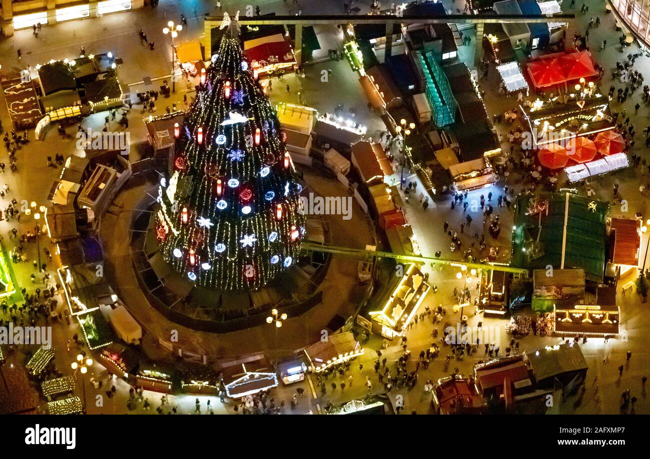 Aerial photo, Christmas market Dortmund between Reinoldikirche and Hansamarkt, largest Christmas tree in the world, Dortmund, Ruhr area, North Rhine-W Stock Photo