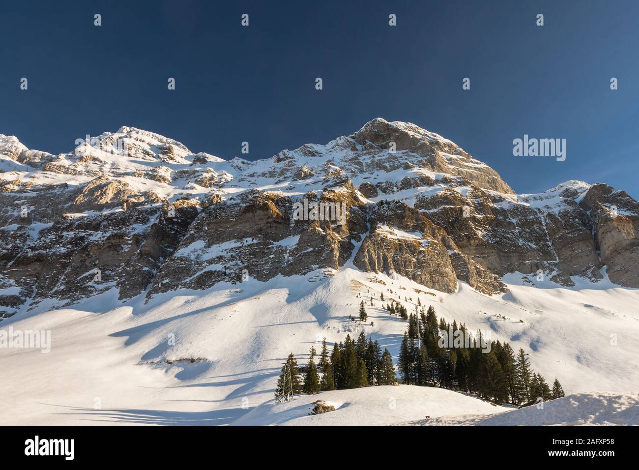 The Schwaegalp with view of Alpstein massif in winter, Canton of Appenzell Ausserrhoden, Switzerland Stock Photo
