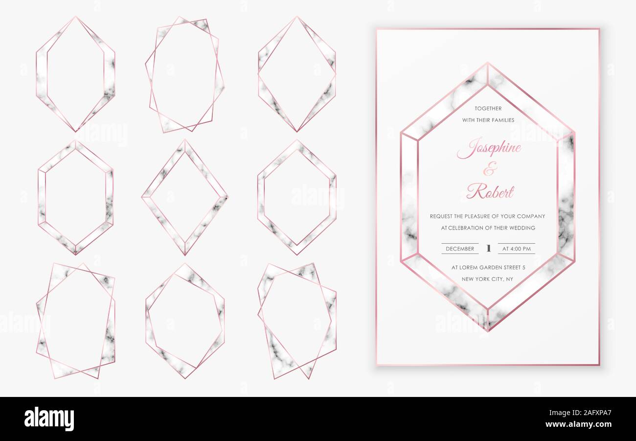 Rose gold polygonal crystal frames with trendy marble texture. Stock Vector