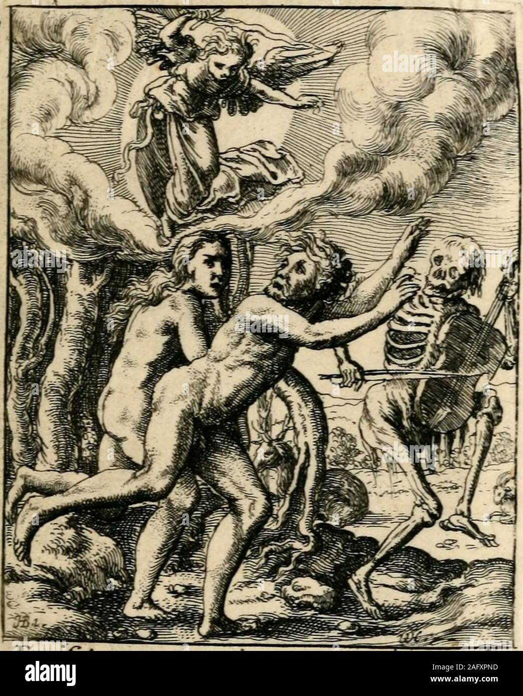 . The dance of death. ^uia^ axidjjQti voortn. vxoris tu«. & co - 43 THE TEMPTATION. II. ADAM and in Eve in Paradise. Eve, se-duced by the serpent, who in this and mostother eminent representations of the subject, isdepicted with a human face, appears to havejust tasted of the forbidden fruit, which sheholds up to Adam, and prevails on him togather another apple from th^ tree. In re-presenting this subject, it is very seldom thatartists have been correct. 44 The expulsion from PARADISE. III. ADA^I and Eve driven by the Angelfrom Paradise, are preceded by Death, whois playing on a violin, and re Stock Photo