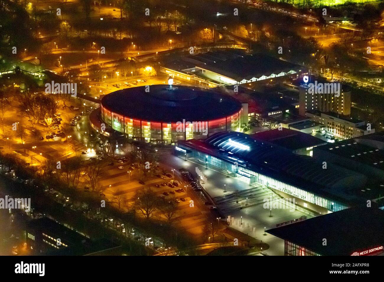 aerial photos of the Westfalenhalle at night, Dortmund, Ruhr area, North Rhine-Westphalia, Germany, DE, Europe, aerial photo, birds-eyes view, aerial Stock Photo
