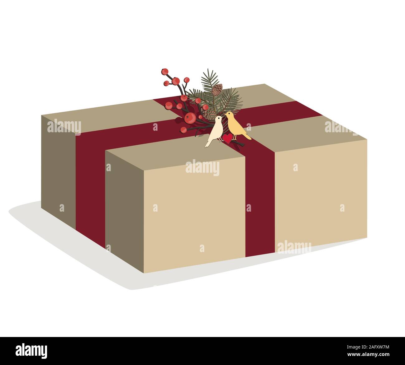 Vector illustration of Christmas box on white background. The gift is wrapped in craft paper, decorated with a ribbon, a fir and berry branches and Stock Vector
