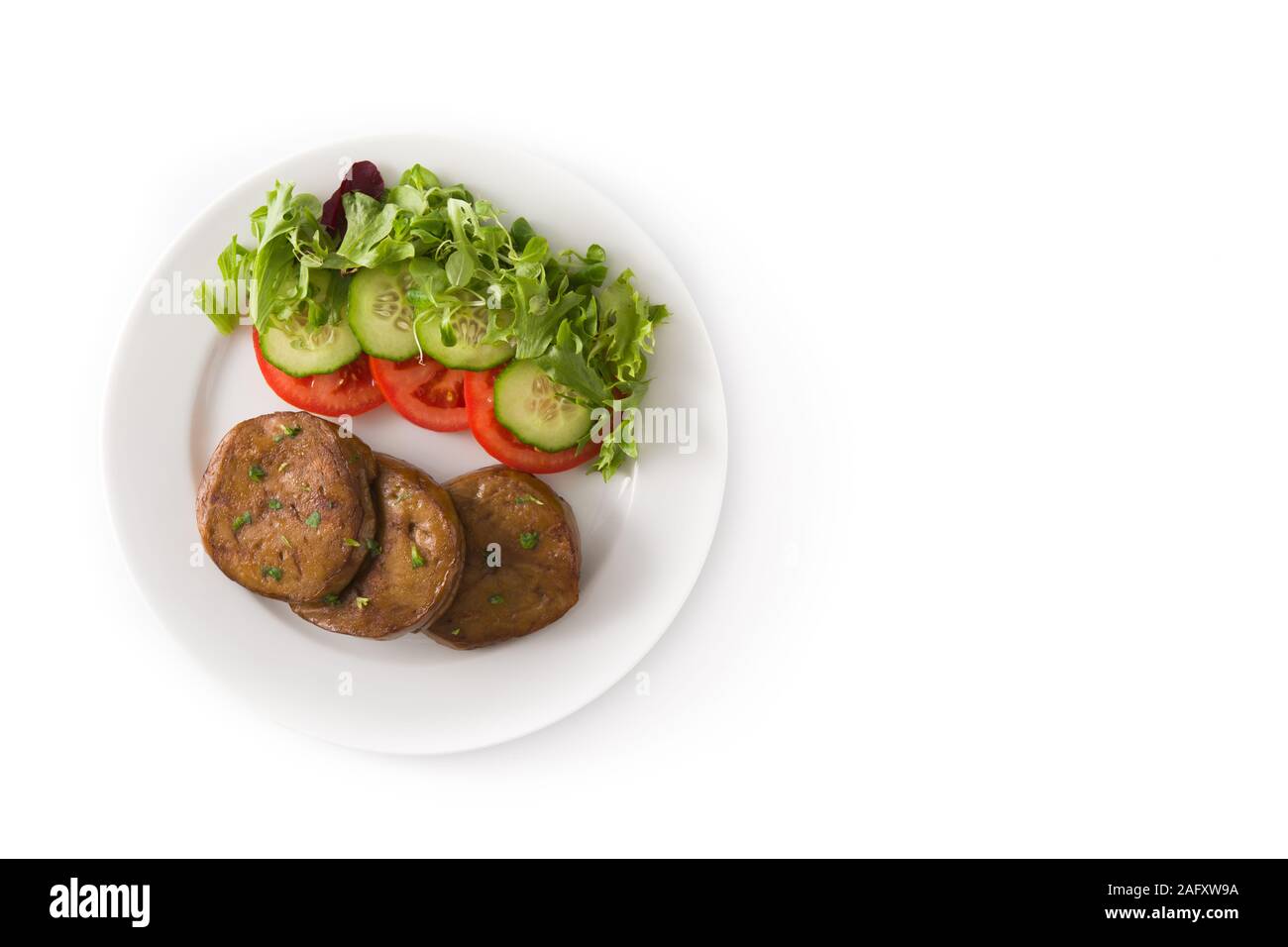 Seitan with vegetables isolated on white background. Fake meat. Top