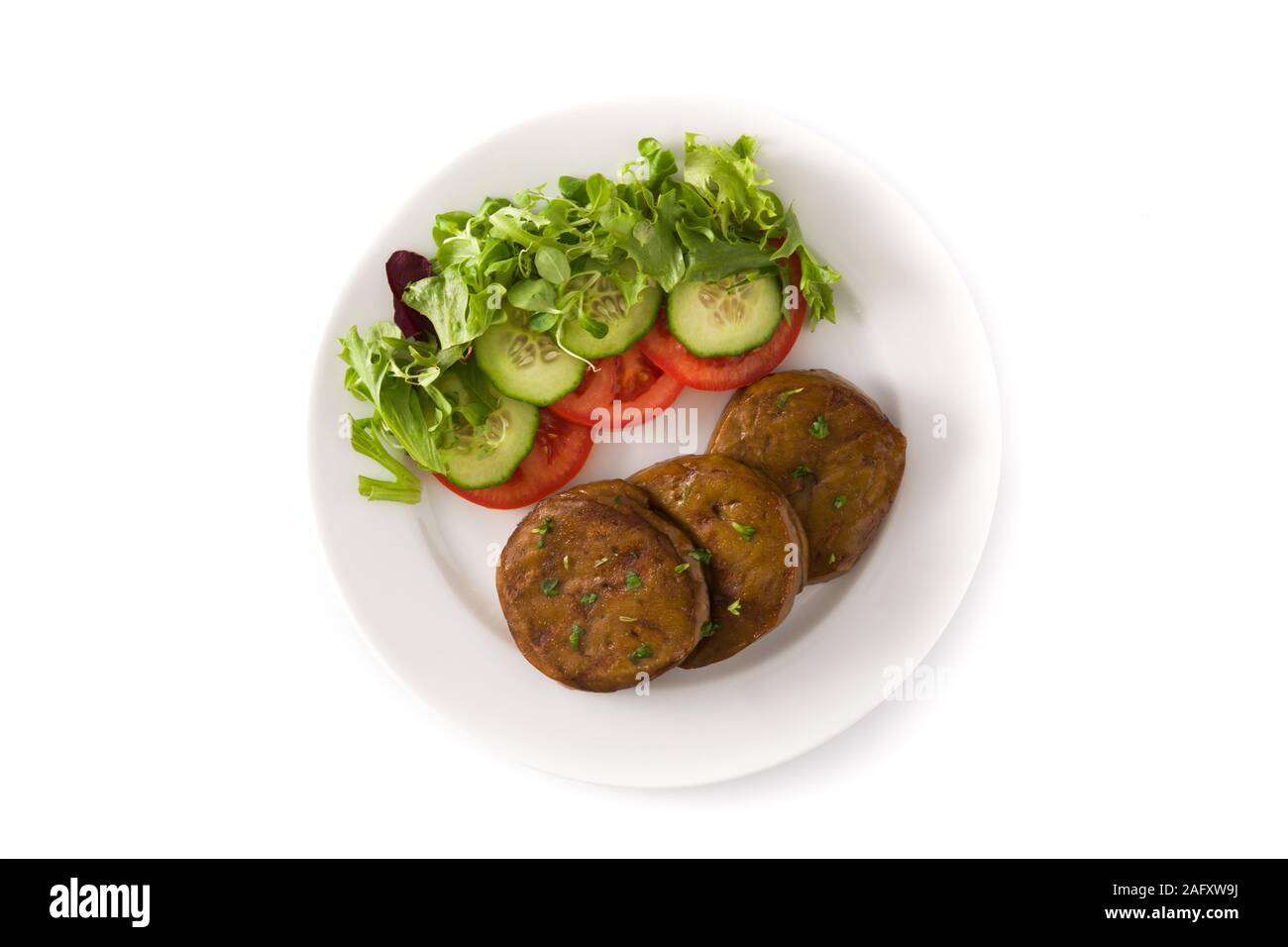 Seitan with vegetables isolated on white background. Fake meat. Top