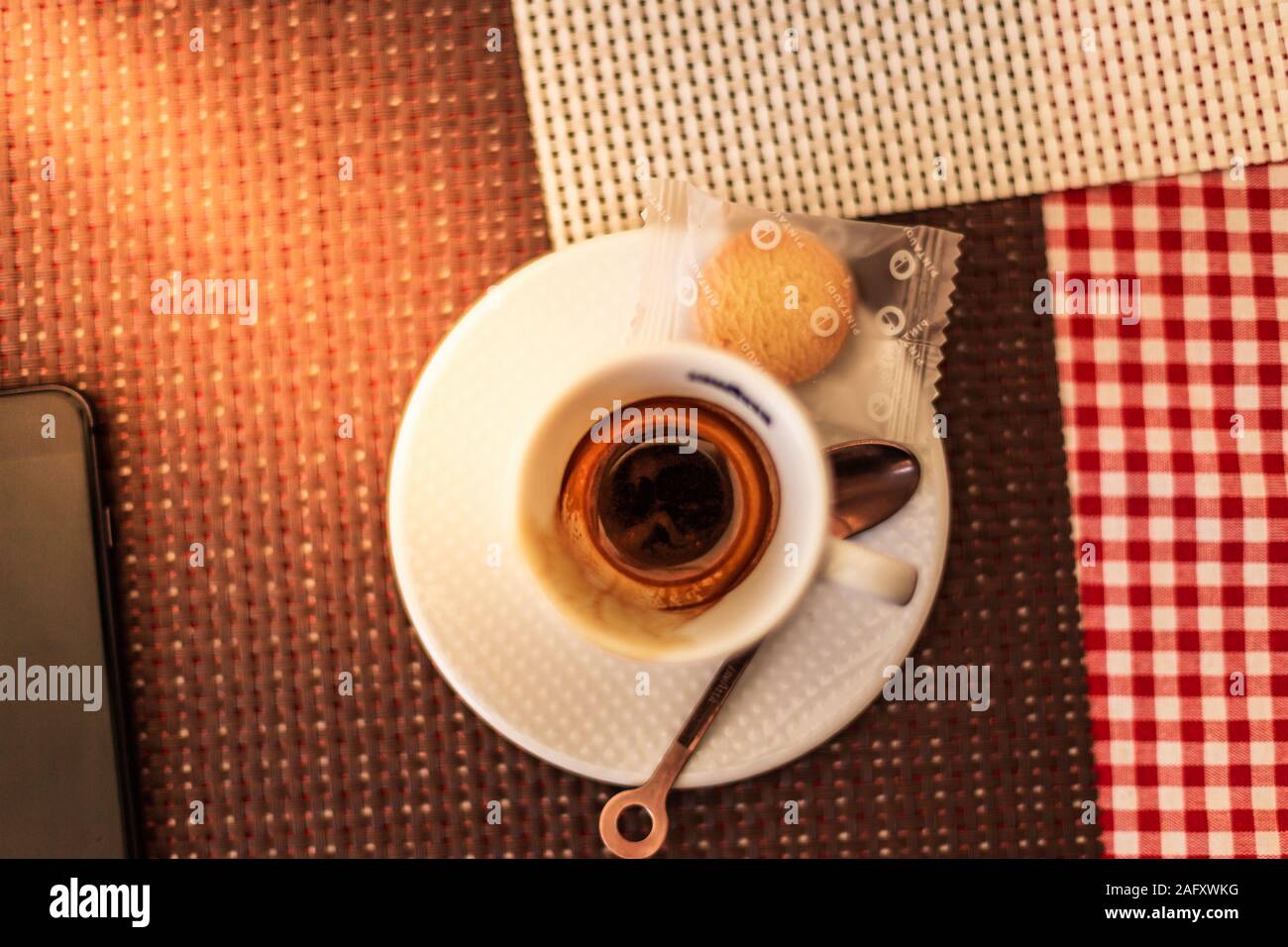 Trieste, Italy September 2019 Lavazza Espresso cup with Spoon and