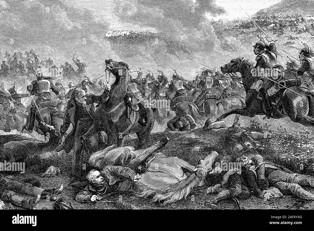 End of battle of Ligny: general Blucher shot down by the burden of the cuirassiers. 16th June1815. Part of the Waterloo campaign. Antique illustration Stock Photo