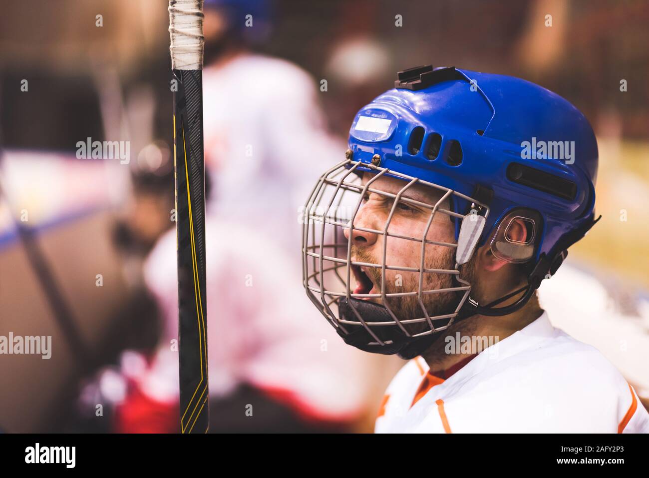 hockey players sit on the bench in the stadium Stock Photo Alamy
