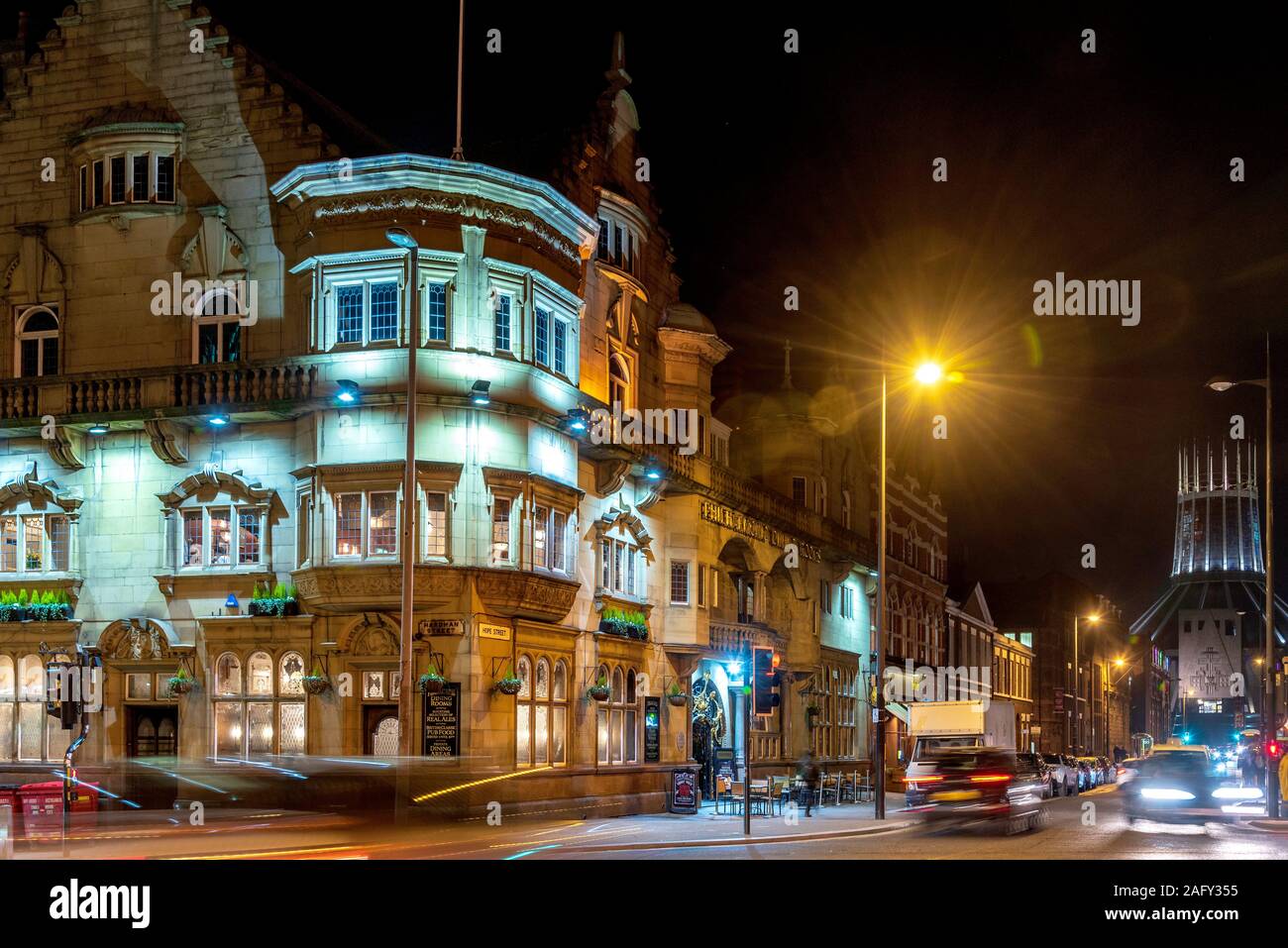 Liverpool Philharmonic pub on Hope Street at night. Stock Photo