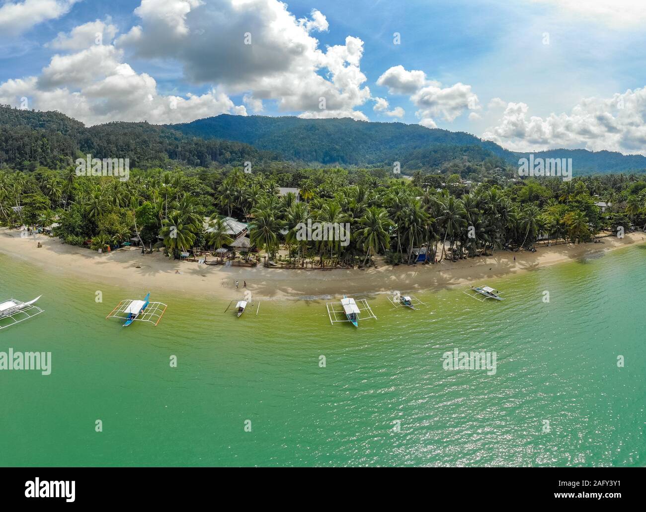 Aerial view of Port Barton Beach on paradise island, tropical travel