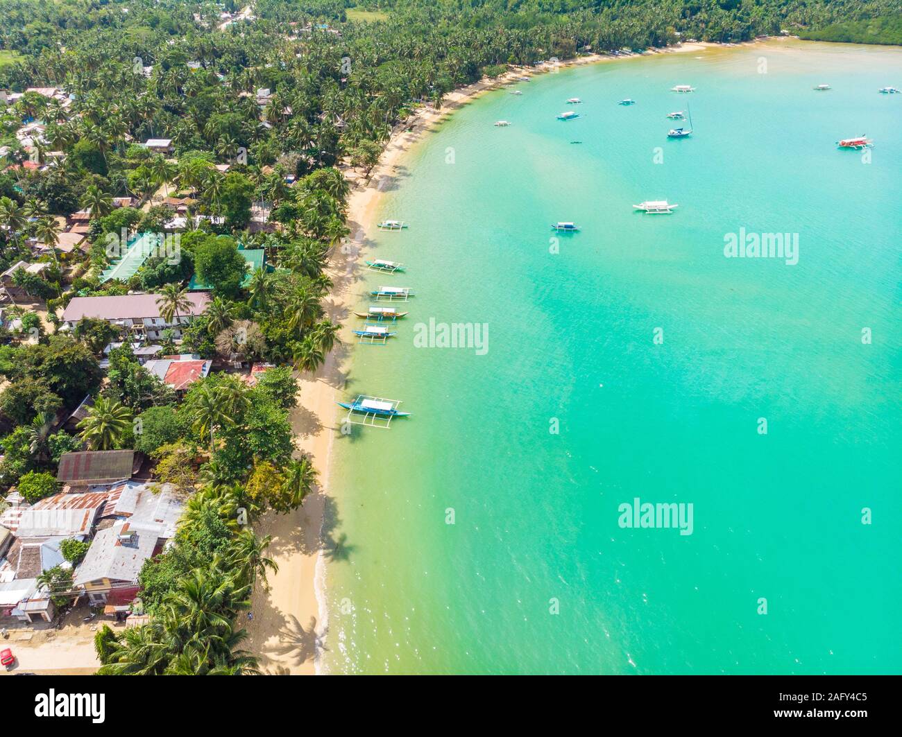 Aerial view of Port Barton Beach on paradise island, tropical travel