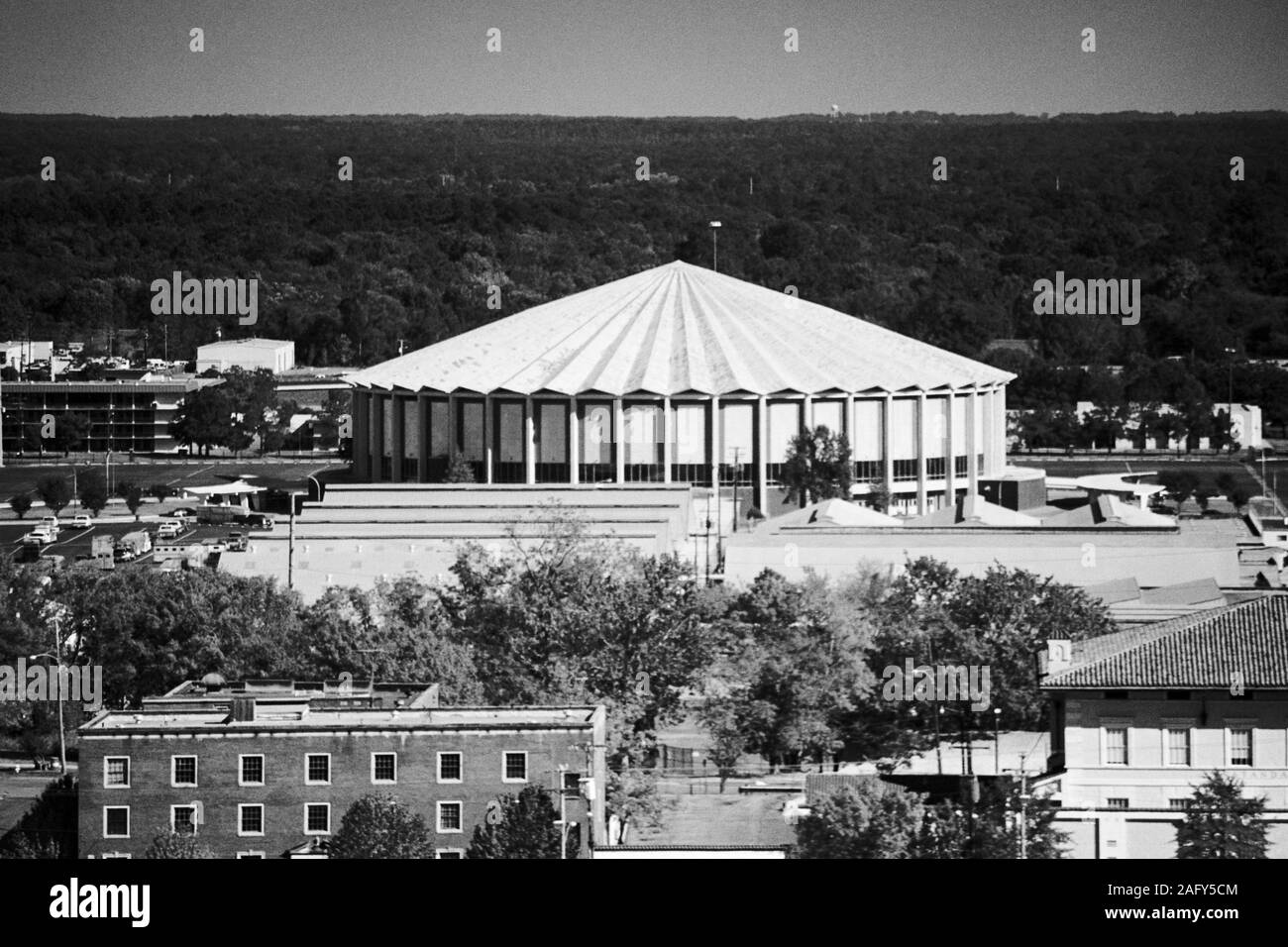Jackson, Mississippi, USA - 1996:  Archival black and white view of the landmark, Mississippi Coliseum arena at the state fairgrounds in Jackson. Stock Photo