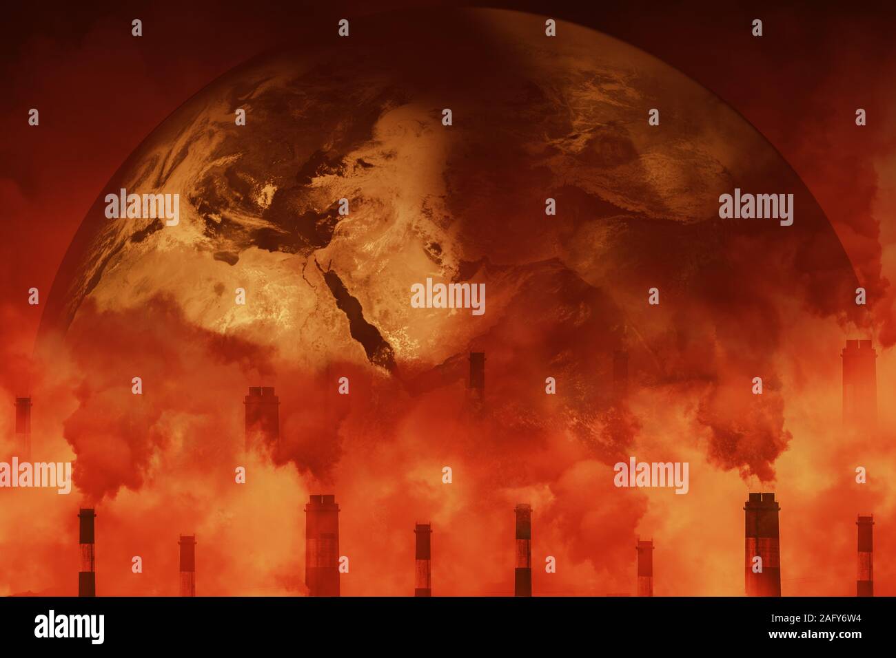 Earth attacked by greenhouse effect air pollution causes of global warming crisis danger of factory smoke to air environment concept. Stock Photo