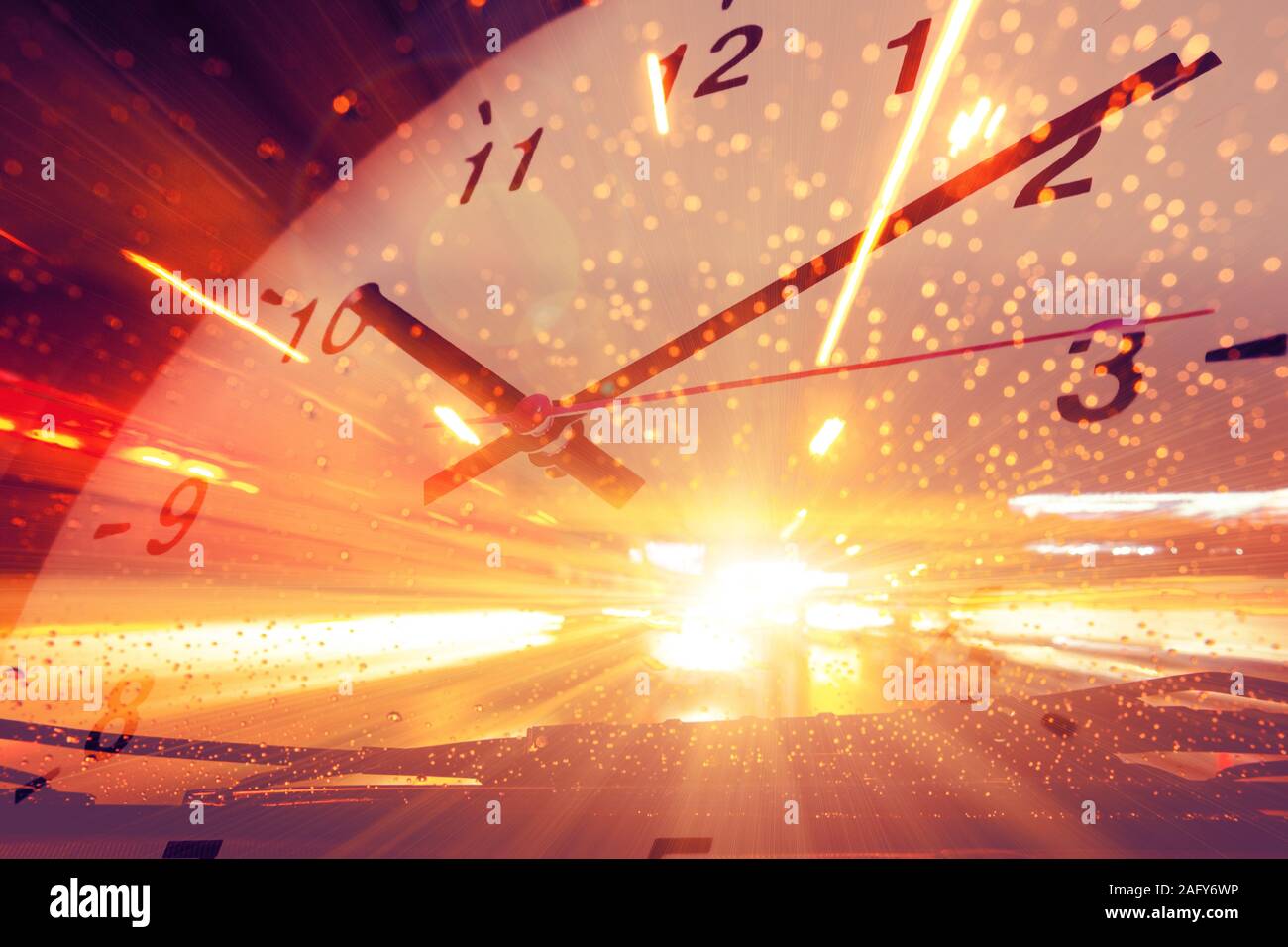 Timing fast speed car acceleration drive overlay with clock face for background. Stock Photo