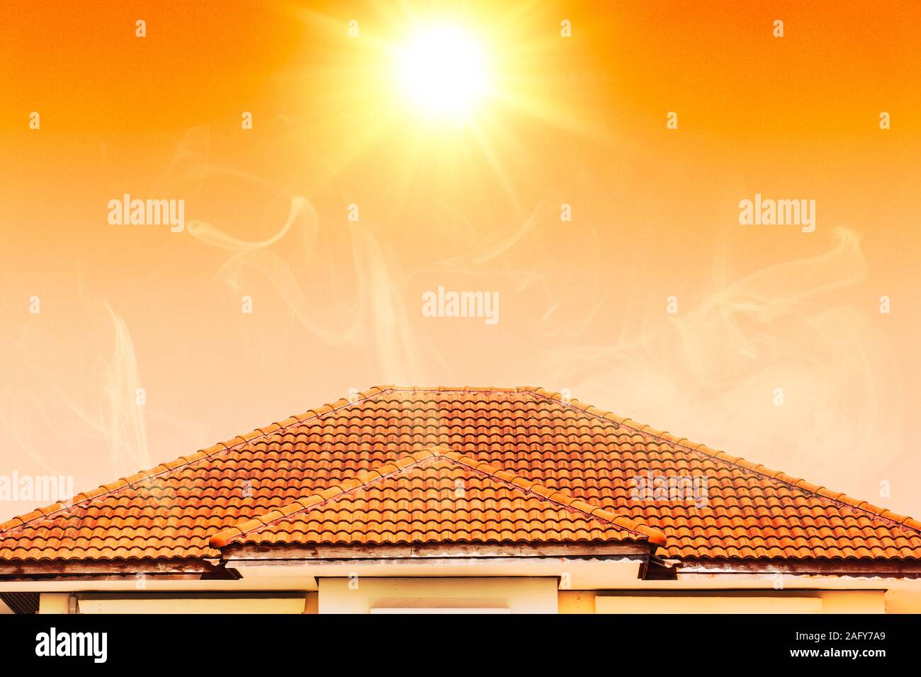 Hot weather in summer overheat home roof from sun burn. Stock Photo