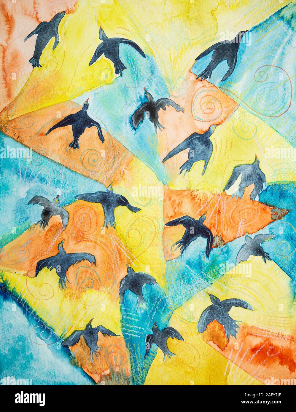 Bird flock in the heavenly sky. The dabbing technique near the edges gives a soft focus effect due to the altered surface roughness of the paper. Stock Photo