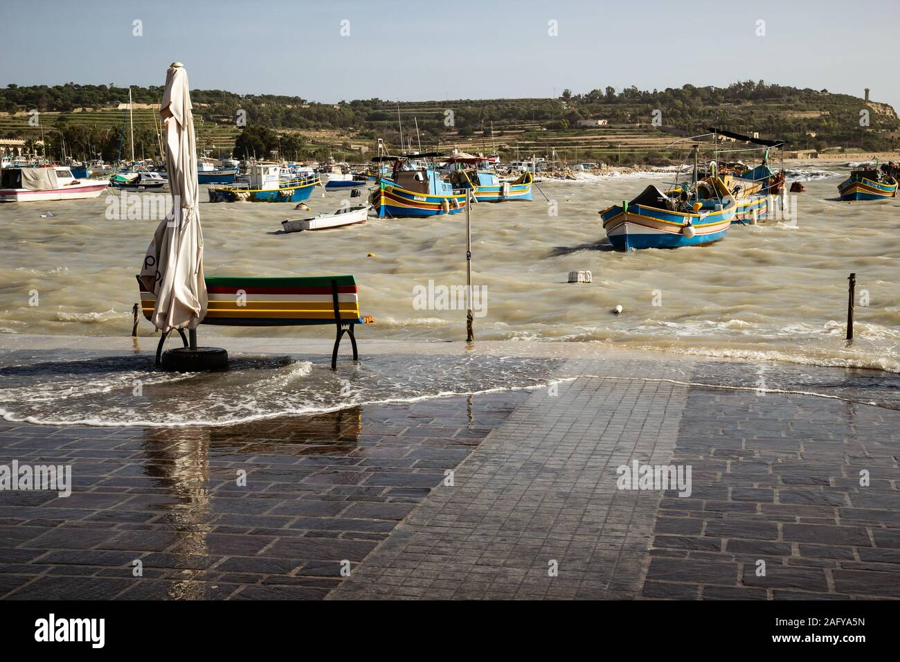 Stormy weather in Marsaxlokk port, Malta Stock Photo